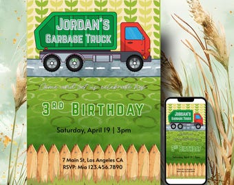 May include: A birthday invitation card featuring a red and green garbage truck with the text Jordan's Garbage Truck, Come and let us celebrate his 3rd Birthday, Saturday, April 19 | 3pm, 7 Main St, Los Angeles CA, and RSVP: Mia 123.456.7890.