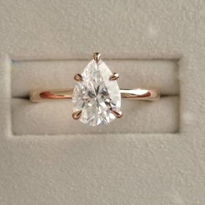 14K Gold Hidden Halo Ring, Dainty Pear Cut Engagement Ring, Moissanite Solitaire Ring, Classic Wedding Ring, Anniversary Gift For Her