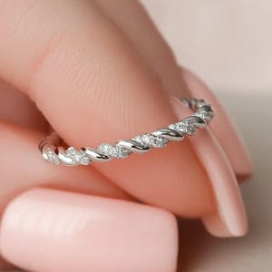 Twisted Diamond Wedding Band, 14K Solid White Gold Stackable Ring, Delicate Rope Ring, Unique Anniversary Gift For Her, Promise Ring