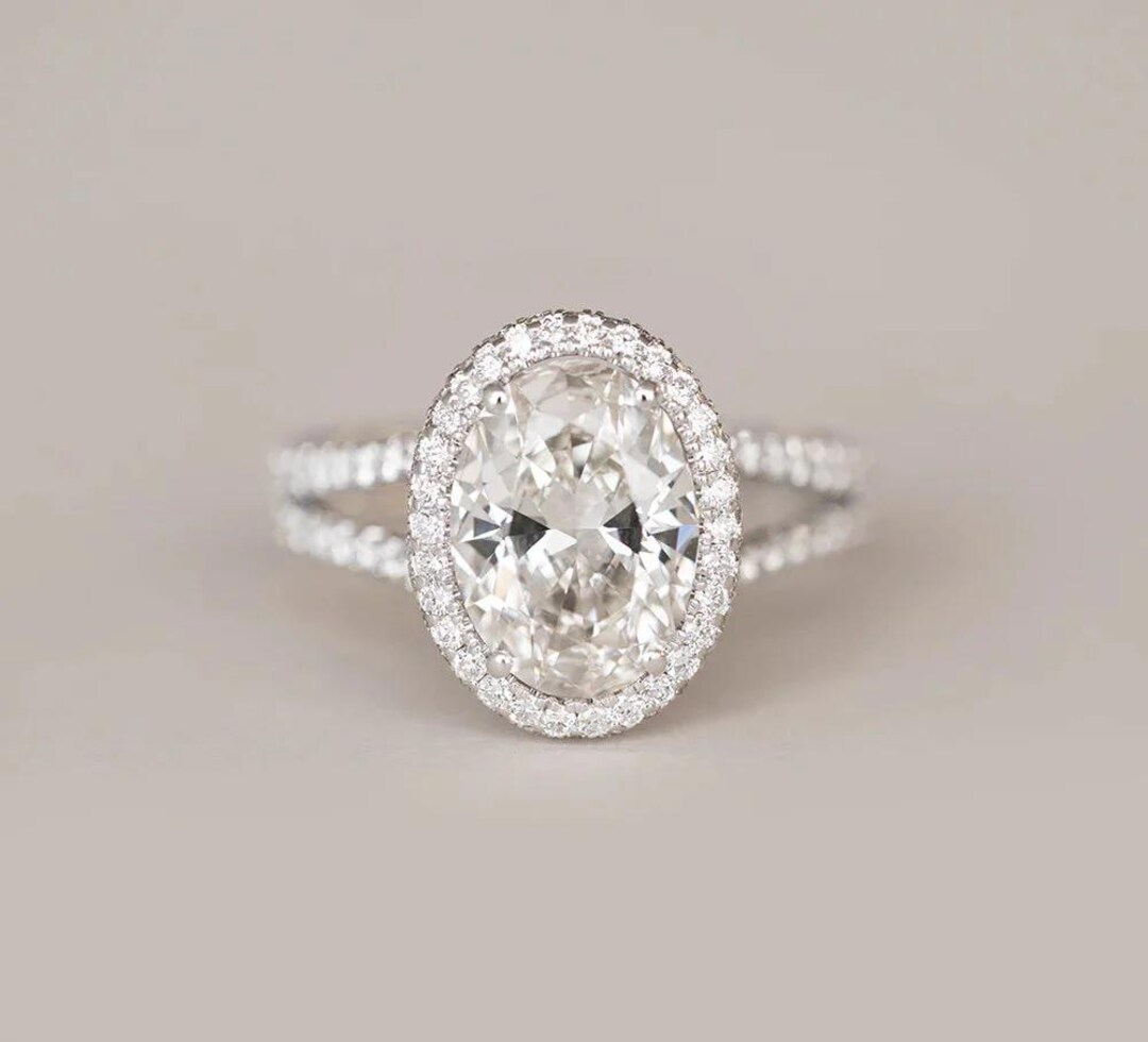 Oval Moissanite Halo Engagement Ring White Gold Split Shank Double Pavé ...