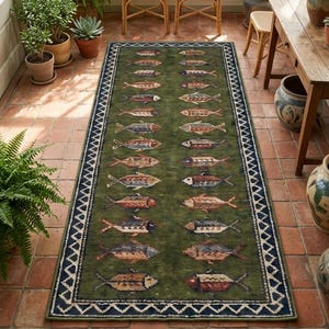 Fish Pattern Runner Rug, Rustic Folk Art Rug for Hallway, Cabin Owners Decor Gift Rug