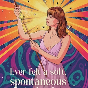 May include: Illustration of a woman in a pink dress holding a wand with a starburst design. The background features a colorful, abstract design with text that reads "Ever felt a soft, spontaneous thought that seemed wiser, calmer, older than you."
