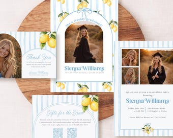 Conjunto de invitaciones de graduación Lemon / Tarjeta fotográfica Coastal Blue para la promoción de 2026 (Plantilla Corjl)
