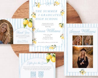 Conjunto de invitaciones de graduación Lemon / Tarjeta fotográfica Coastal Blue para la promoción de 2026 (Plantilla Corjl)