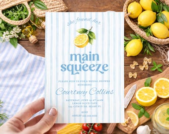 Invitación para despedida de soltera con rayas de limón cítrico / Plantilla Main Squeeze amarilla y azul (5x7)