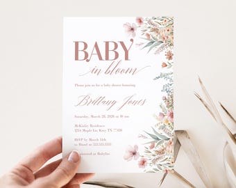 Invitación para baby shower "Baby In Bloom": Invitación para niña de primavera (archivo JPG de 5x7 pulgadas, plantilla editable)