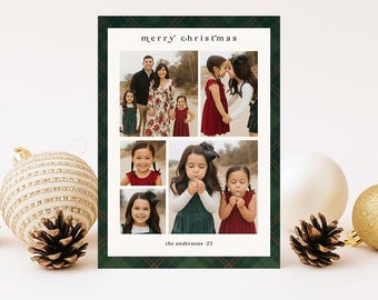 Tarjeta navideña con collage de fotos familiares a cuadros verdes / Plantilla navideña editable