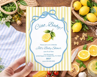 Invitación para baby shower de verano con temática de limones: tema costero italiano (JPG de 5x7 pulgadas)