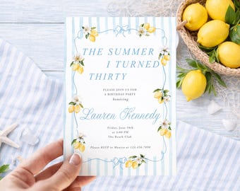 Invitación de cumpleaños con diseño de limón costero / Plantilla para fiesta de verano con rayas azules (5x7)