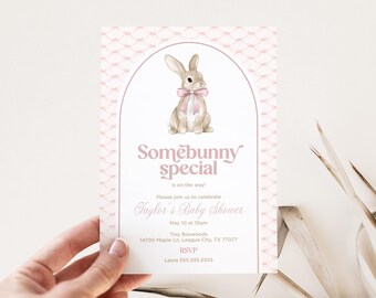 Invitación para baby shower con temática de conejitos: ¡Alguien cumple un año! - Niña (JPG de 5x7)