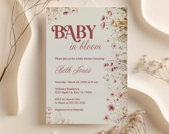 Invitación para baby shower "Baby In Bloom": Invitación para niña de primavera (archivo JPG de 5x7 pulgadas, plantilla editable)