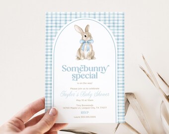 Invitación para baby shower con temática de conejitos: Un niño cumple un año (JPG de 5x7 pulgadas)