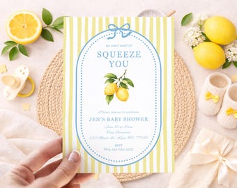 Invitación para baby shower de verano con temática de limones: (JPG de 5x7 pulgadas)