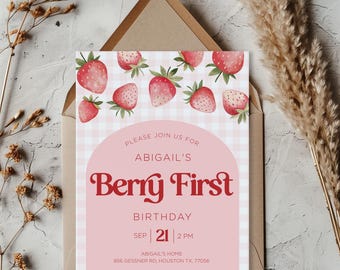 Plantilla de invitación para primer cumpleaños con temática de fresas (archivo JPG de 5x7) - Plantilla editable