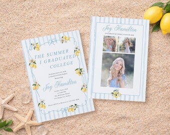 Plantilla de invitación digital para anuncio de graduación de verano Lemon Coastal / Invitación de graduación con rayas azules