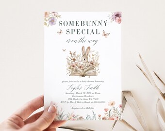 Invitación especial para baby shower de Somebunny: Invitación de primavera para niña (archivo JPG de 5x7, plantilla editable)