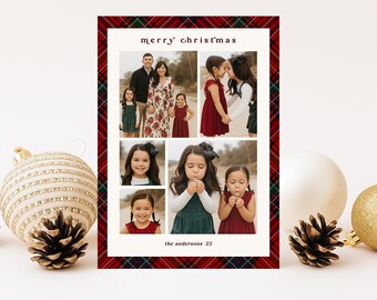 Tarjeta navideña con collage de fotos familiares a cuadros rojos / Plantilla navideña editable