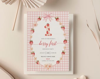 Invitación de primer cumpleaños con temática de fresas, margaritas y cuadros rosas (archivo JPG de 5x7 pulgadas) - Plantilla editable