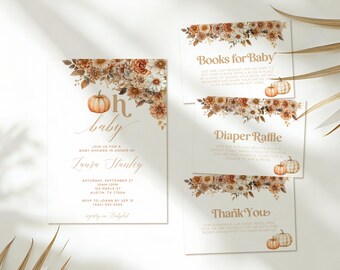 Conjunto de invitaciones para baby shower de calabaza: Plantilla editable