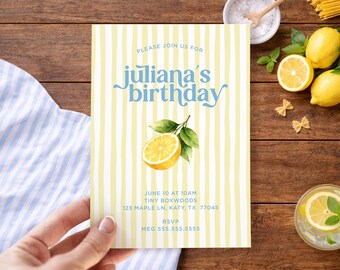 Invitación de cumpleaños con rayas de limón cítrico / Plantilla para fiesta de verano en amarillo y azul (5x7)