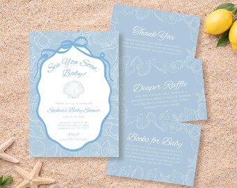 Paquete de invitaciones para baby shower de verano con temática de conchas marinas: Paquete costero de conchas marinas (JPG de 5x7)