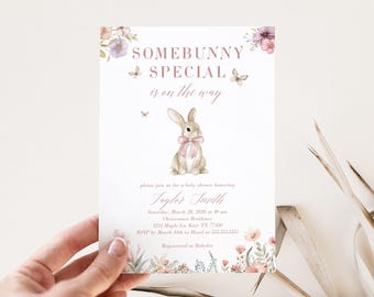 Invitación especial para baby shower de Somebunny: Invitación de primavera para niña (archivo JPG de 5x7, plantilla editable)