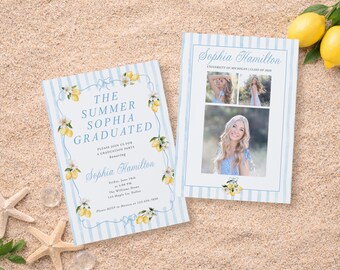Plantilla de invitación digital para anuncio de graduación de verano Lemon Coastal / Invitación de graduación con rayas azules
