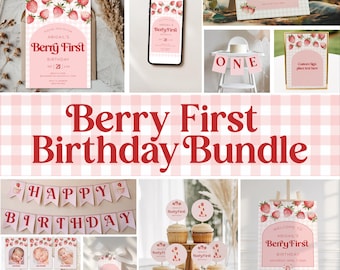Paquete de invitaciones de cumpleaños con diseño de fresas y cuadros rosas (descarga digital)