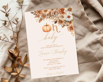 Invitación de calabaza para baby shower: invitación de otoño, género neutro (archivo JPG de 5x7, plantilla editable)