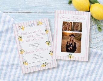 Plantilla de invitación digital para anuncio de graduación de verano Lemon Coastal / Invitación de graduación con rayas rosas