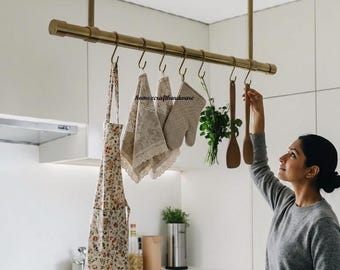 Handmade Brass Kitchen Pot Rack with Hanging Hooks