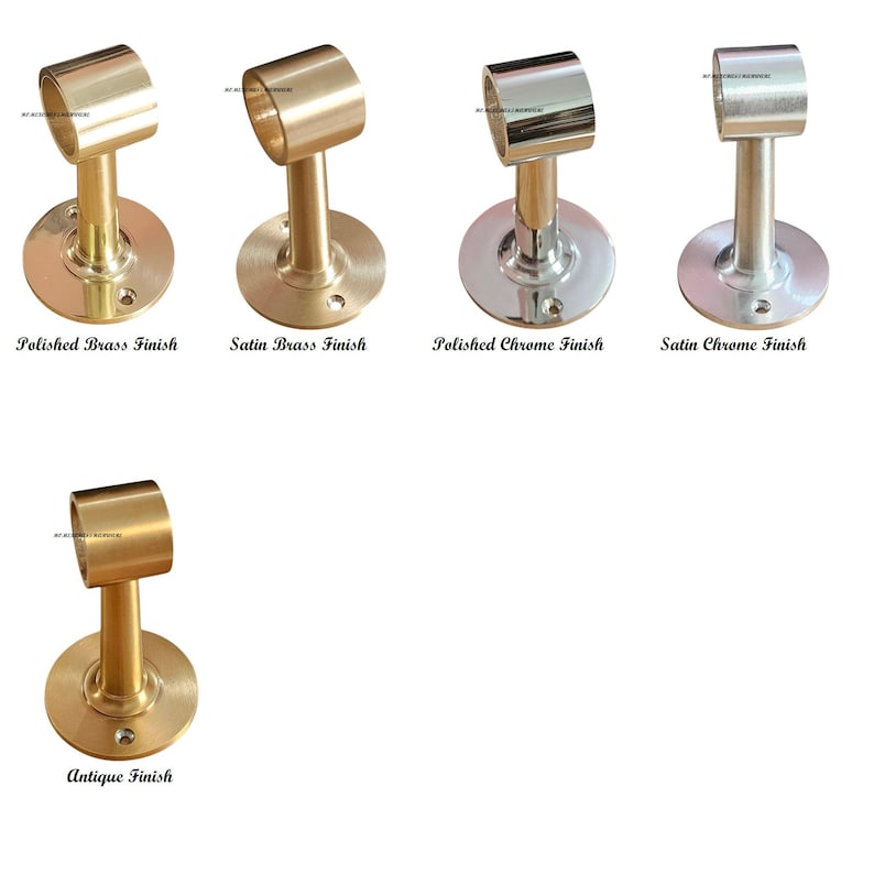 May include: Five metal handrail brackets with circular wall plates and cylindrical rod holders. Finishes include Polished Brass, Satin Brass, Polished Chrome, Satin Chrome, and Antique. Each bracket features a vertical stem and screw holes.