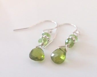 Peridot Gemstone Dangle Earrings, Wire Wrapped Sterling Silver Handmade Jewelry