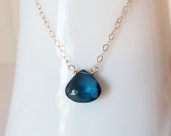 AAA London Blue Topaz Gemstone Handmade Bar Necklace with Gold Fill