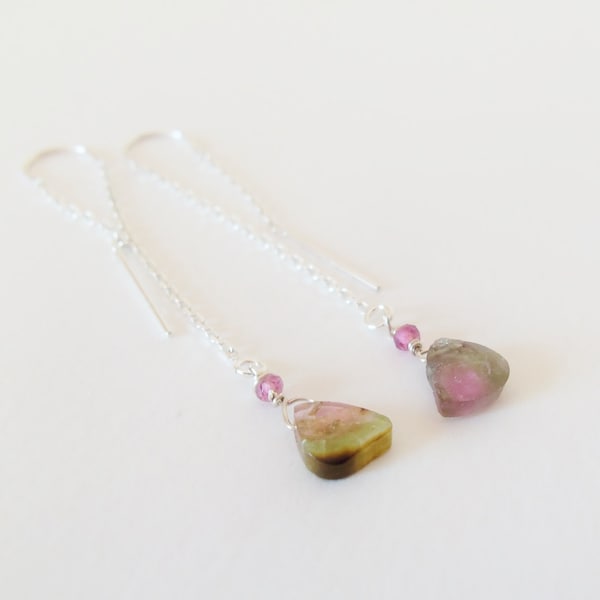 Watermelon Tourmaline Slice Gemstone Threader Earrings on Sterling Silver  Tourmaline Earrings