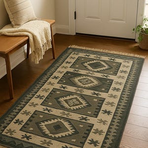 Handwoven kilim jute rug, wool jute Runner, blue and red rug Turkish rugs, boho decor rug, natural jute rug, traditional rug
