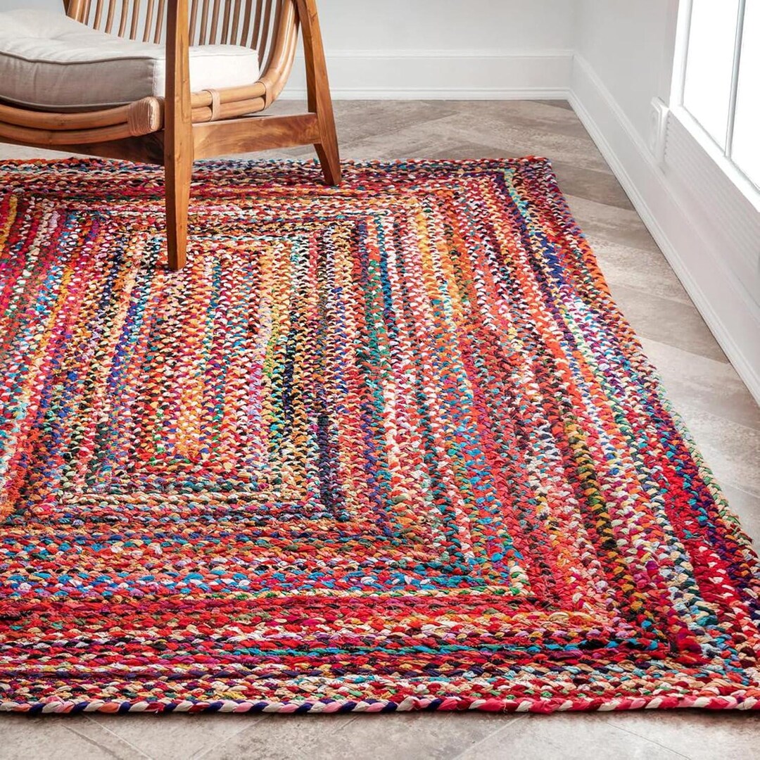 Rectangular Cotton Rug Multicolor Handmade Rectangle Cotton Jute Rug Braided Jute Rug Home ...