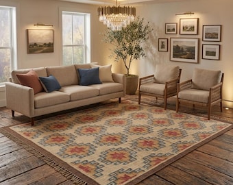 Groot kelim vloerkleed handgeweven wol | Boho tribal geometrisch tapijt | Vintage boerderij-woonkamertapijt | Zuidwestelijk platgeweven vloerkleed
