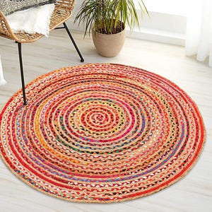 Hand Braided Cotton Chindi Rug: Bohemian Multi-Color Round Area Rug