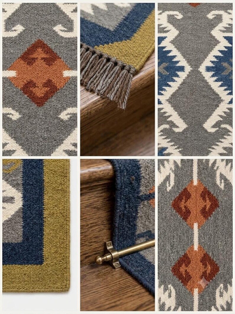 May include: A woven stair runner featuring a geometric pattern in shades of grey, white, navy blue, olive green, and rust orange. The runner includes a fringed edge and is secured with a metallic brass stair rod, showcasing a textured fabric surface.