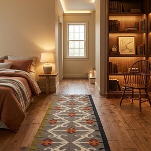 May include: A rectangular area rug featuring a grey base with a repeating geometric pattern in burnt orange, cream, and black. The rug has a fringed edge on both ends and is positioned on a wooden floor in a room with a bed and a wooden chair.