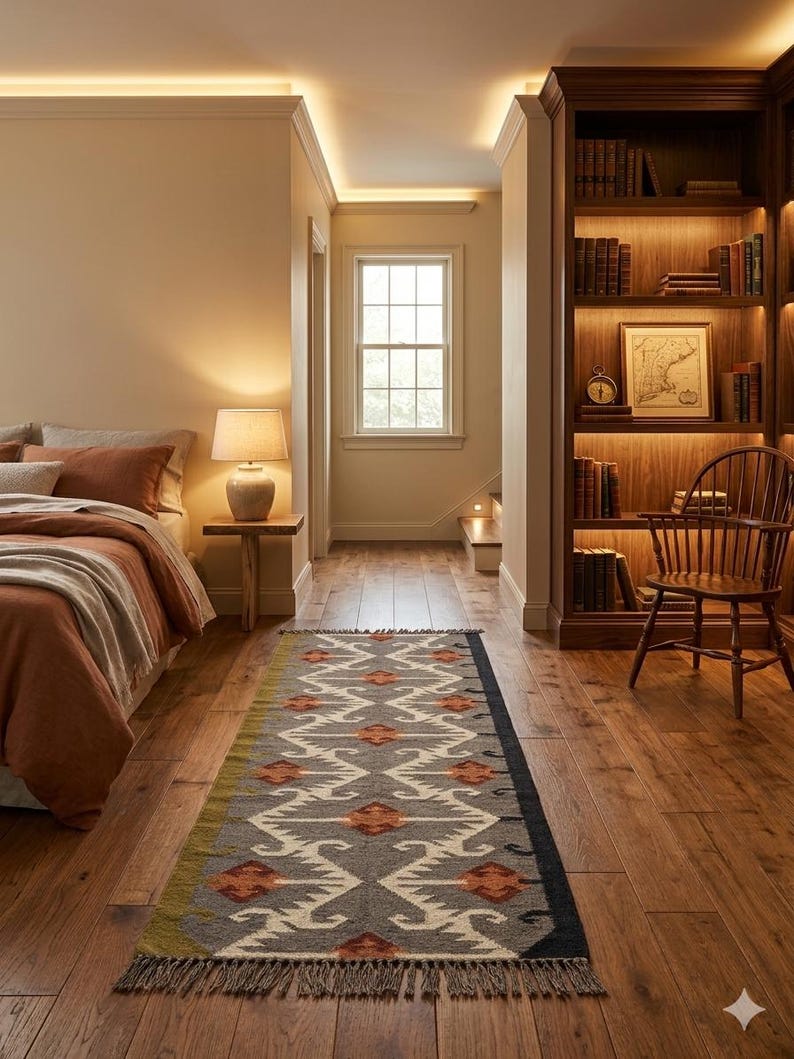 May include: A rectangular area rug featuring a grey base with a repeating geometric pattern in burnt orange, cream, and black. The rug has a fringed edge on both ends and is positioned on a wooden floor in a room with a bed and a wooden chair.