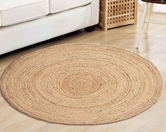 Alfombra redonda de yute hecha a mano, estilo bohemio rústico, trenzada de fibra natural, decoración rústica para sala de estar, decoración ecológica para el hogar.