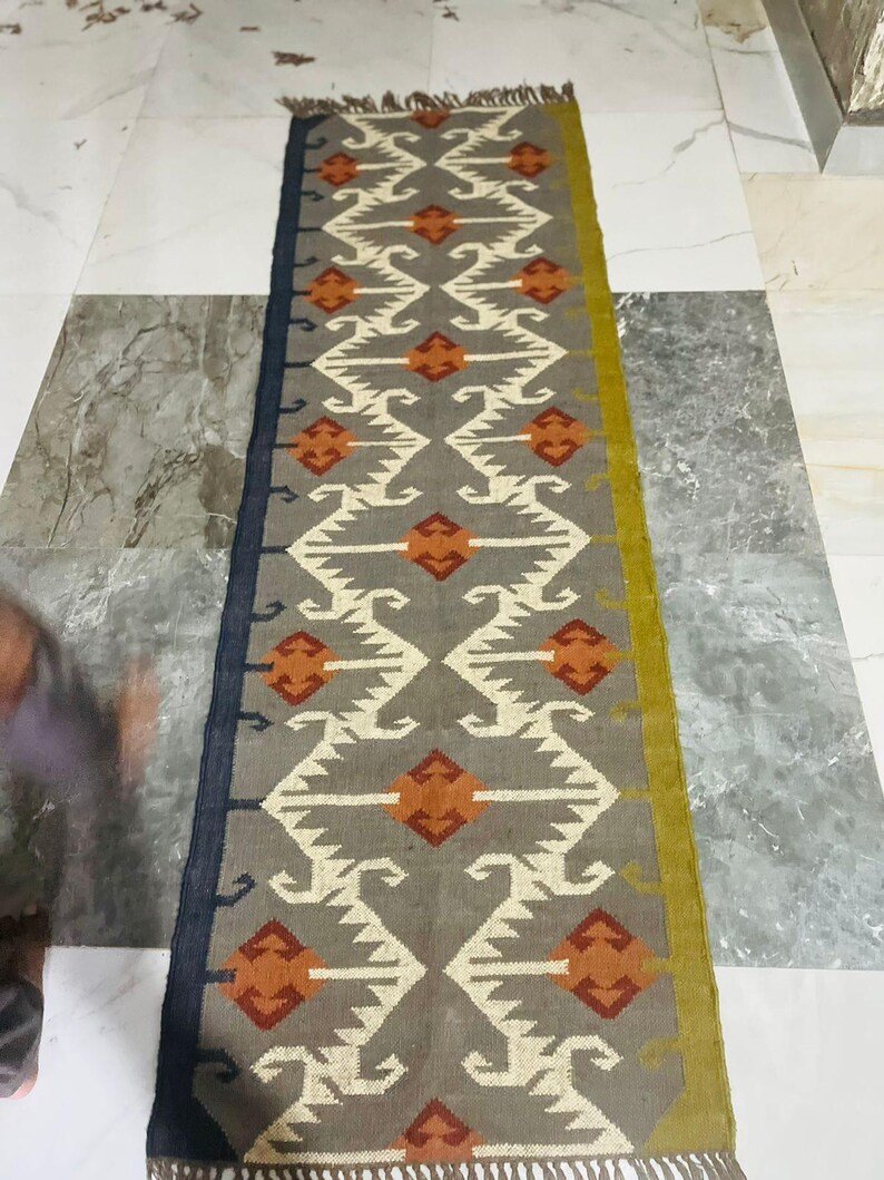 Southwestern Kilim Stair Runner Rug, Handmade Wool Jute Stair Carpet, Tribal Boho Staircase Runner, Farmhouse Hallway Rug image 7