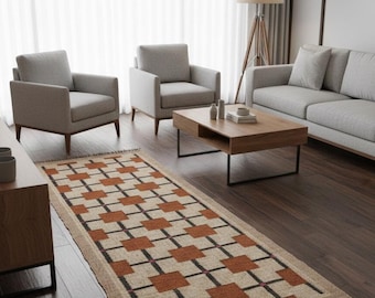Handwoven Wool Jute Kilim Runner Rug,Modern Geometric Design Dhurrie Rug,Vintage Southwestern Runner-Rug
