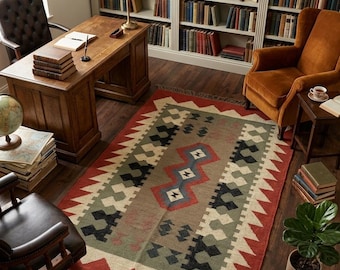 Southwestern Area Rug, Handmade Kilim Rug, Tribal Wool Jute Rug, Boho Geometric Carpet, Farmhouse Living Room Decor