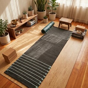 Puede incluir: Una esterilla de yoga rectangular de color gris oscuro con rayas horizontales azul claro y borlas a juego en ambos extremos. La esterilla está extendida sobre una superficie clara, acompañada de dos bloques de yoga de corcho y una esterilla verde oscuro enrollada.