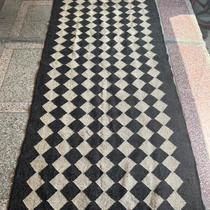 Handwoven Wool Jute Kilim Rug: Black & Off-White, Vintage Style