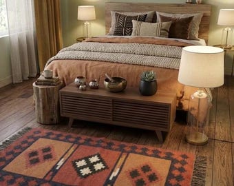 Southwestern Tribal Area Rug, Handwoven Wool Jute Kilim Rug, Geometric Boho Carpet, Red Rust Black Beige, Living Room, Custom Size