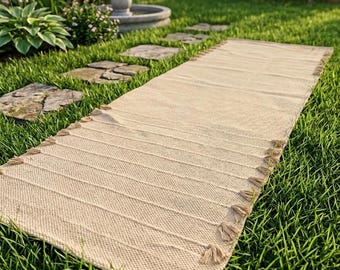 Handgemachte Yogamatte, Yogateppich aus natürlicher Baumwolle, Meditationsmatte, Boho Gymnastikmatte, Umweltfreundlicher Fitnessteppich mit Quasten